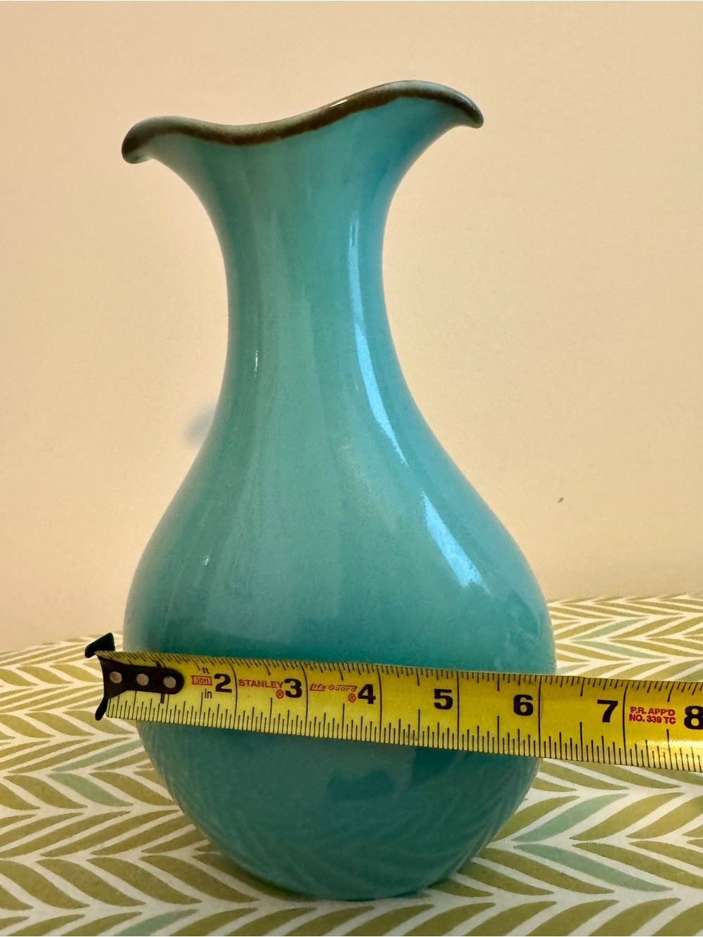 Southern Living At Home 12” Teal Gloss Ceramic Vase with Wavy Edge - Picture 5 of 5